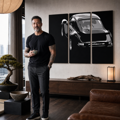 Ръчно рисувана картина POP Art PORSCHE 911 3 парчета por4 – картина в модерен мъжки интериор, lifestyle визуализация. Доминиращи цветове: черно, бяло, сиво.