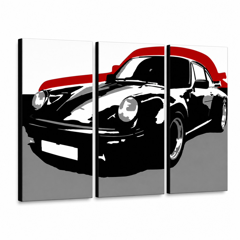 Ръчно рисувана картина POP Art PORSCHE 911 3 парчета por5 – 3D визуализация на ръчно рисувано платно на бял фон. Доминиращи цветове: черно, червено, сиво.
