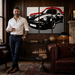 Ръчно рисувана картина POP Art PORSCHE 911 3 парчета por5 – картина в модерен мъжки интериор, lifestyle визуализация. Доминиращи цветове: черно, червено, сиво.