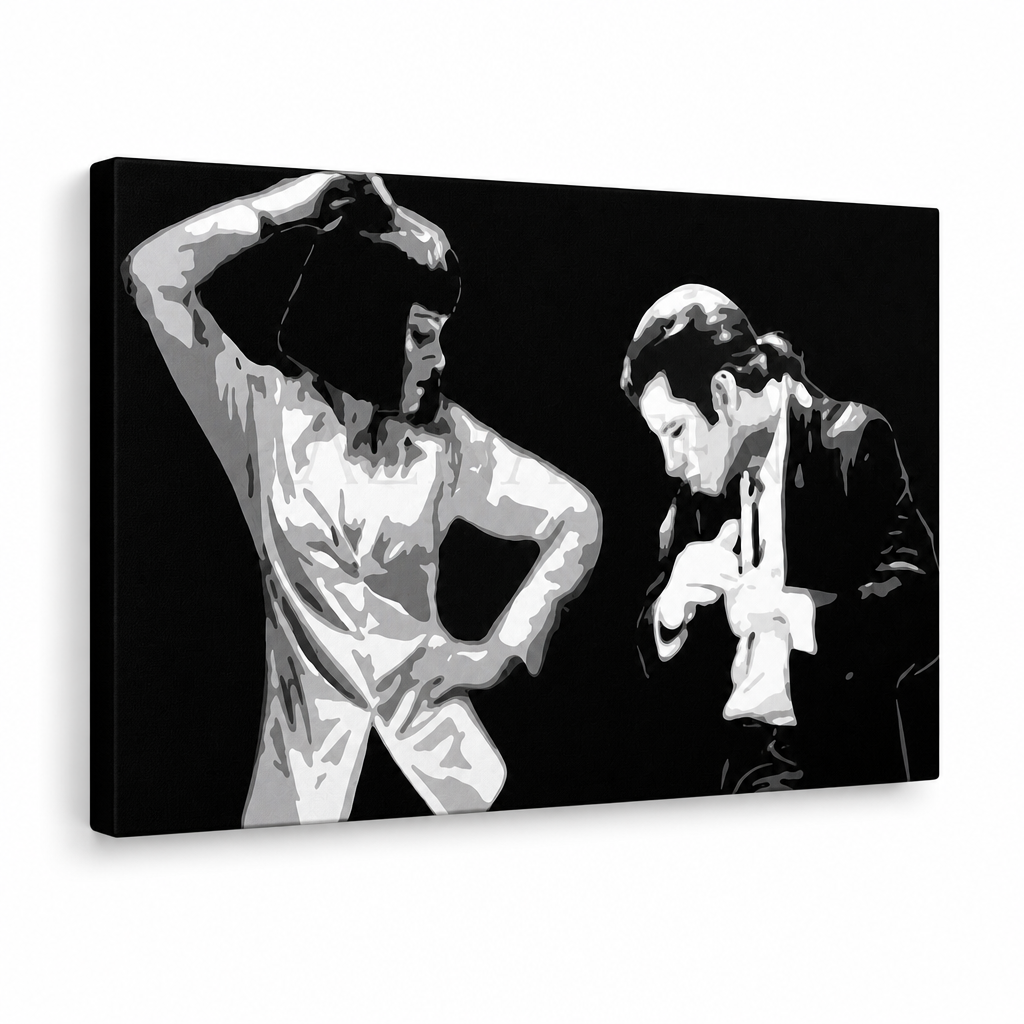 Ръчно рисувана картина POP Art Pulp Fiction 1 брой pulp4 – 3D визуализация на ръчно рисувано платно на бял фон. Доминиращи цветове: черно, бяло, сиво.