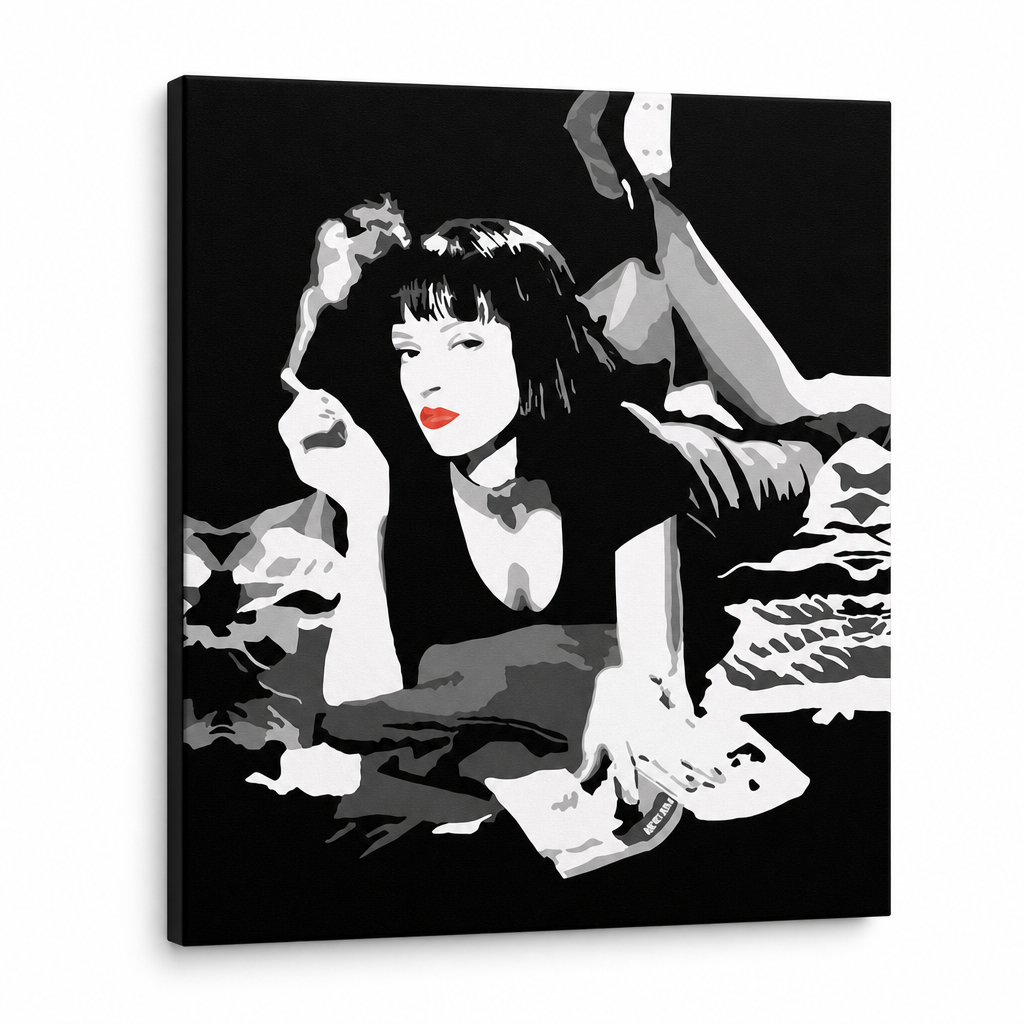 Ръчно рисувана картина POP Art PULP FICTION 1 брой pulp6 – 3D визуализация на ръчно рисувано платно на бял фон. Доминиращи цветове: черно, бяло, червено.