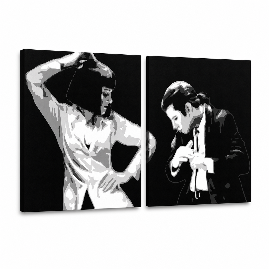 Ръчно рисувана картина POP Art Pulp Fiction 2 броя pulp3 – 3D визуализация на ръчно рисувано платно на бял фон. Доминиращи цветове: черно, бяло, сиво.