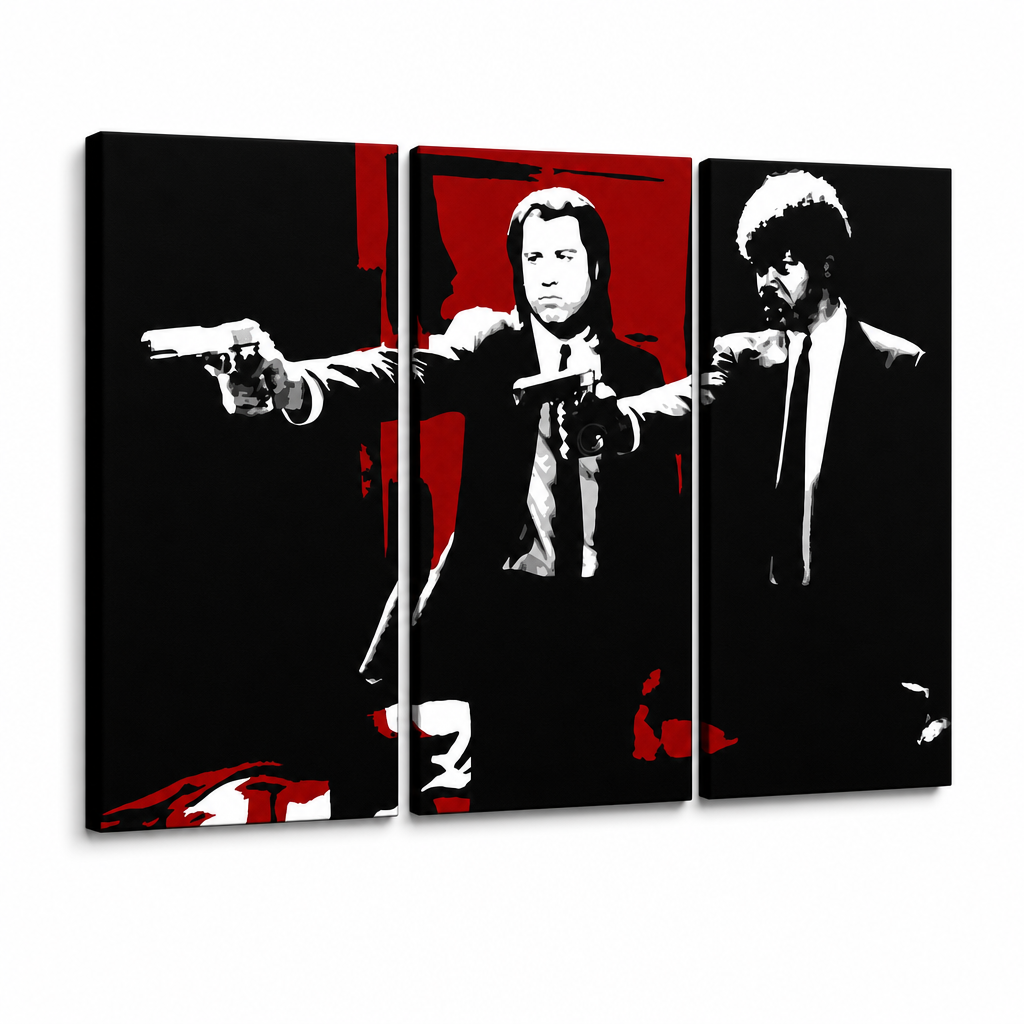 Ръчно рисувана картина POP Art Pulp Fiction 3 части pulp5 – 3D визуализация на ръчно рисувано платно на бял фон. Доминиращи цветове: черно, червено, бяло.