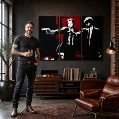 Ръчно рисувана картина POP Art Pulp Fiction 3 части pulp5 – картина в модерен мъжки интериор, lifestyle визуализация. Доминиращи цветове: черно, червено, бяло.