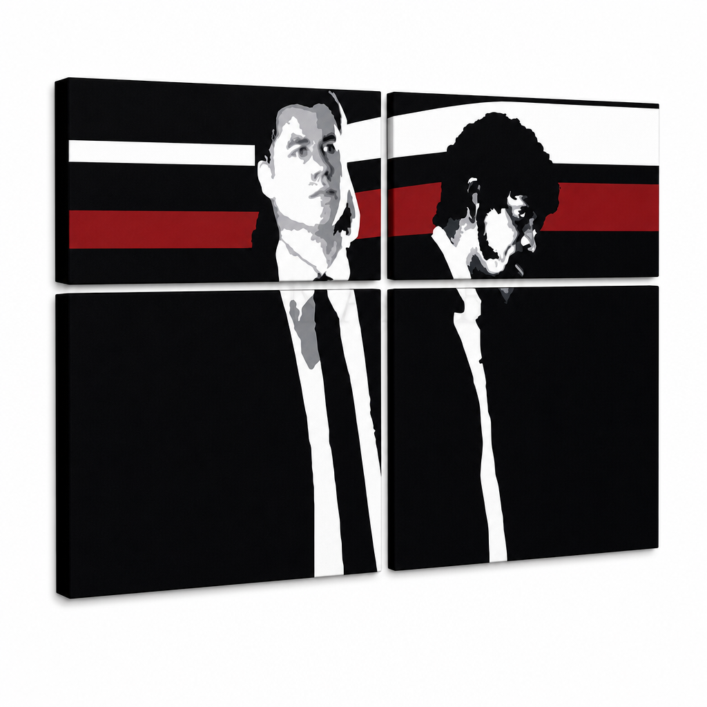 Ръчно рисувана картина POP Art Pulp Fiction 4 парчета pulp – 3D визуализация на ръчно рисувано платно на бял фон. Доминиращи цветове: черно, червено, бяло, сиво, кафяво.