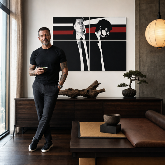 Ръчно рисувана картина POP Art Pulp Fiction 4 парчета pulp – картина в модерен мъжки интериор, lifestyle визуализация. Доминиращи цветове: черно, червено, бяло, сиво, кафяво.