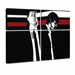 Ръчно рисувана картина POP Art Pulp Fiction 4 парчета pulp – 3D визуализация на ръчно рисувано платно на бял фон. Доминиращи цветове: черно, червено, бяло, сиво, кафяво.