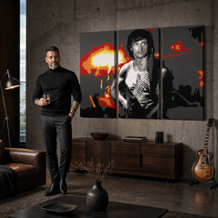 Ръчно рисувана картина POP Art Rambo 3 парчета рам – картина в модерен мъжки интериор, lifestyle визуализация. Доминиращи цветове: черно, оранжево, бяло, червено, сиво.