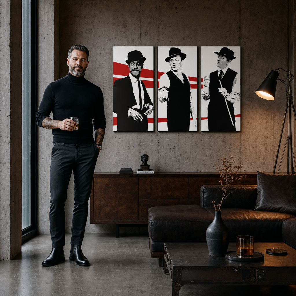 Ръчно рисувана картина POP Art Rat Pack 3 броя rp – картина в модерен мъжки интериор, lifestyle визуализация. Доминиращи цветове: черно, бяло, червено.