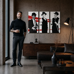 Ръчно рисувана картина POP Art Rat Pack 3 броя rp – картина в модерен мъжки интериор, lifestyle визуализация. Доминиращи цветове: черно, бяло, червено.