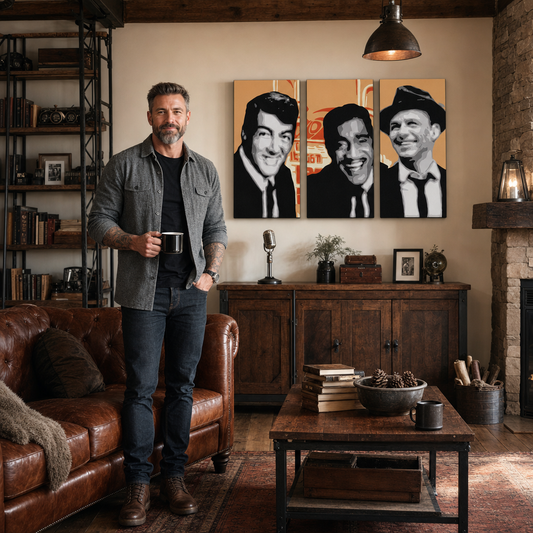 Ръчно рисувана картина POP Art Rat Pack 3 броя rp3 – картина в модерен мъжки интериор, lifestyle визуализация. Доминиращи цветове: черно, бяло, оранжево.