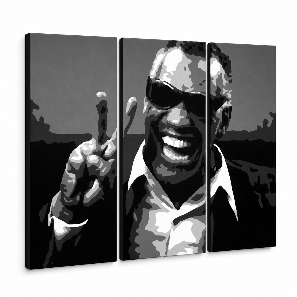 Ръчно рисувана картина POP Art Ray Charles 3 парчета rc – 3D визуализация на ръчно рисувано платно на бял фон. Доминиращи цветове: черно, бяло, сиво.