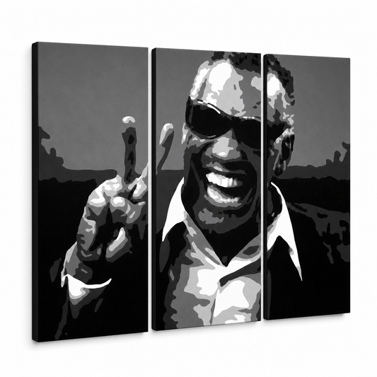 Ръчно рисувана картина POP Art Ray Charles 3 парчета rc – 3D визуализация на ръчно рисувано платно на бял фон. Доминиращи цветове: черно, бяло, сиво.
