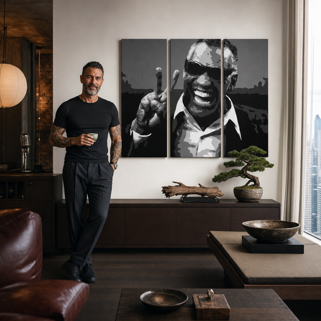 Ръчно рисувана картина POP Art Ray Charles 3 парчета rc – картина в модерен мъжки интериор, lifestyle визуализация. Доминиращи цветове: черно, бяло, сиво.