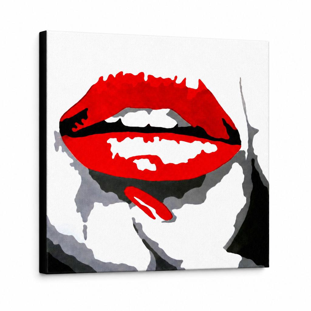 Ръчно рисувана картина POP Art RED LIPS 1 парче мунд – 3D визуализация на ръчно рисувано платно на бял фон. Доминиращи цветове: червено, черно, бяло.