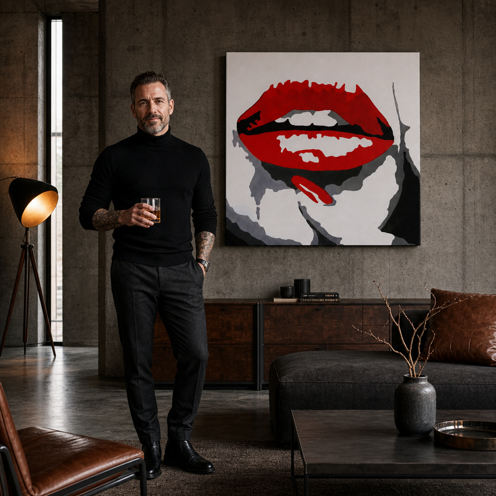 Ръчно рисувана картина POP Art RED LIPS 1 парче мунд – картина в модерен мъжки интериор, lifestyle визуализация. Доминиращи цветове: червено, черно, бяло.