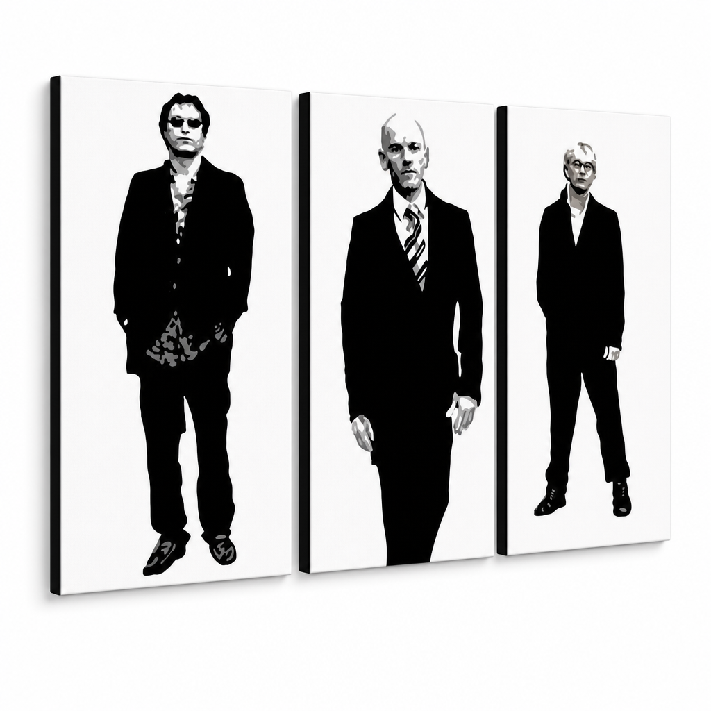 Ръчно рисувана картина POP Art REM 3 парчета rem – 3D визуализация на ръчно рисувано платно на бял фон. Доминиращи цветове: черно, бяло, сиво.