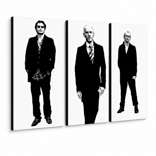 Ръчно рисувана картина POP Art REM 3 парчета rem – 3D визуализация на ръчно рисувано платно на бял фон. Доминиращи цветове: черно, бяло, сиво.