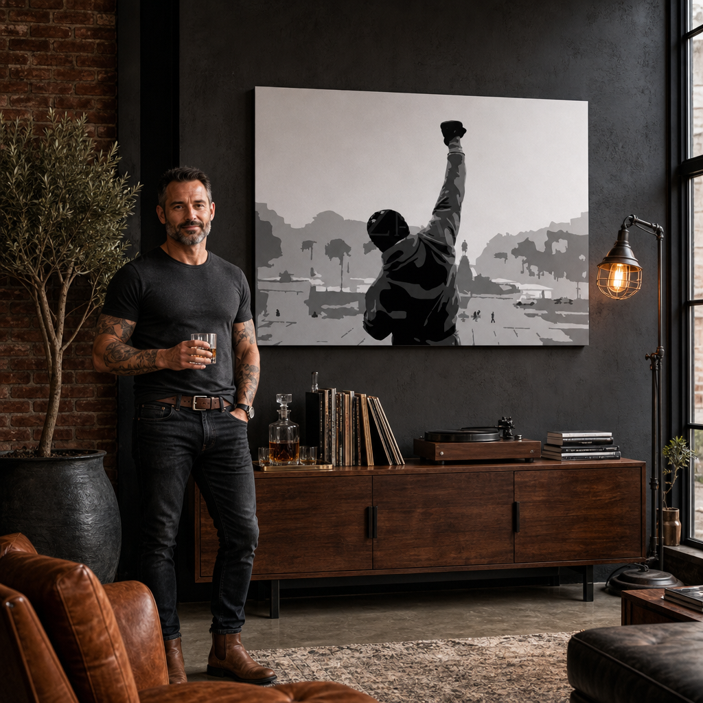 Ръчно рисувана картина POP Art ROCKY 1 брой rocky – картина в модерен мъжки интериор, lifestyle визуализация. Доминиращи цветове: черно, бяло, сиво.