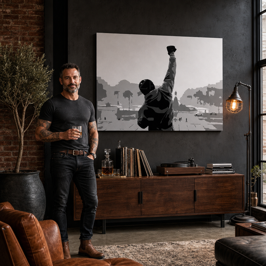 Ръчно рисувана картина POP Art ROCKY 1 брой rocky – картина в модерен мъжки интериор, lifestyle визуализация. Доминиращи цветове: черно, бяло, сиво.