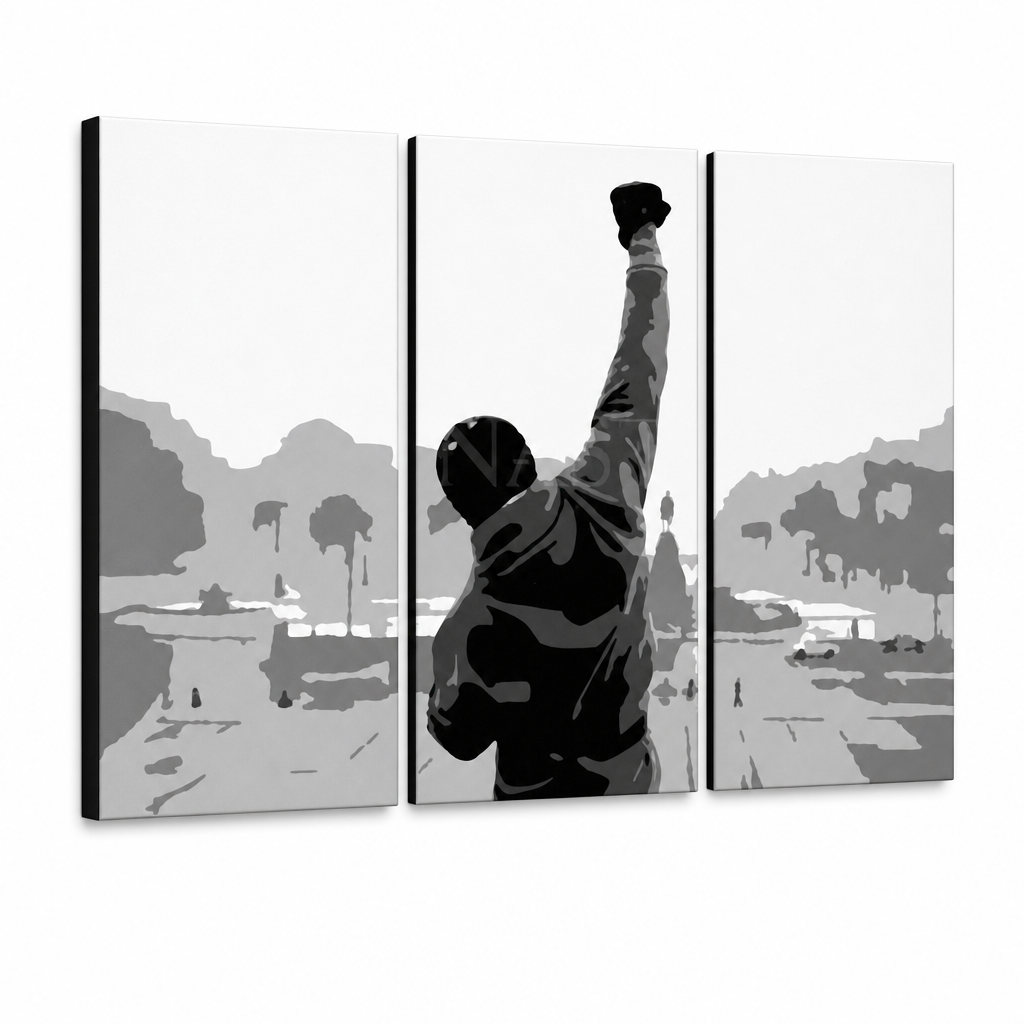 Ръчно рисувана картина POP Art ROCKY 3 броя rocky2 – 3D визуализация на ръчно рисувано платно на бял фон. Доминиращи цветове: черно, сиво, бяло.