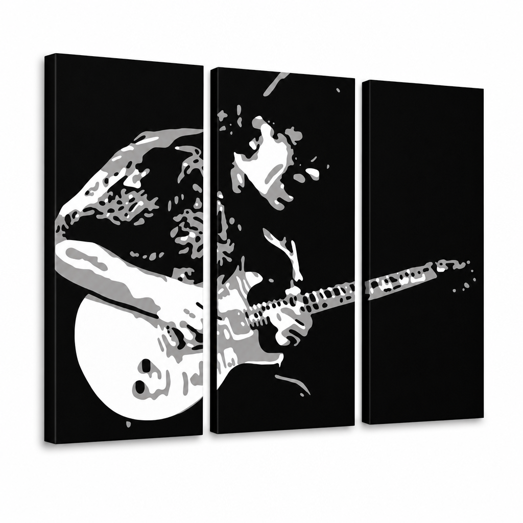 Ръчно рисувана картина POP Art Santana 3 парчета сан – 3D визуализация на ръчно рисувано платно на бял фон. Доминиращи цветове: черно, бяло, сиво.