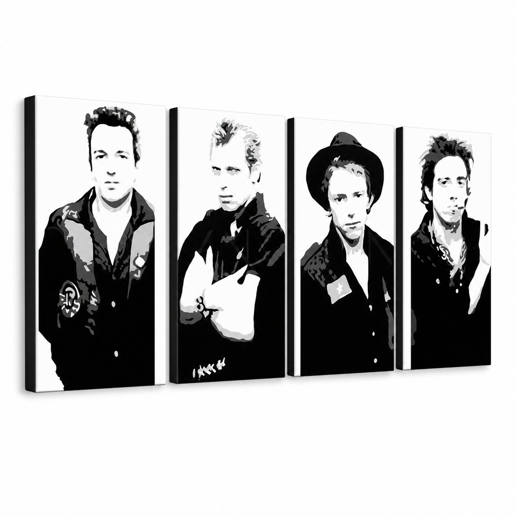 Ръчно рисувана картина POP Art Сблъсък 4 парчета глина – 3D визуализация на ръчно рисувано платно на бял фон. Доминиращи цветове: черно, бяло, сиво.