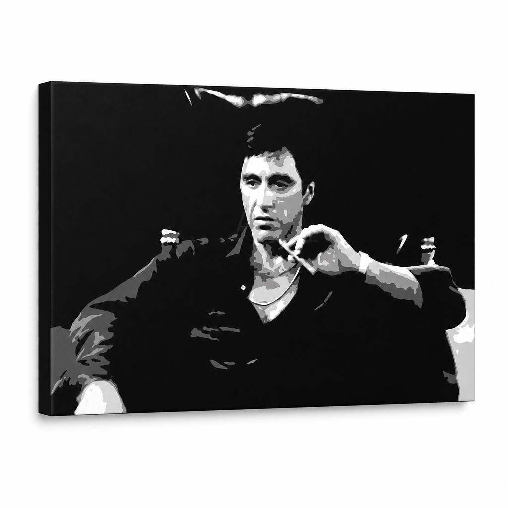 Ръчно рисувана картина POP Art Scarface 1 брой smz – 3D визуализация на ръчно рисувано платно на бял фон. Доминиращи цветове: черно, бяло, сиво.