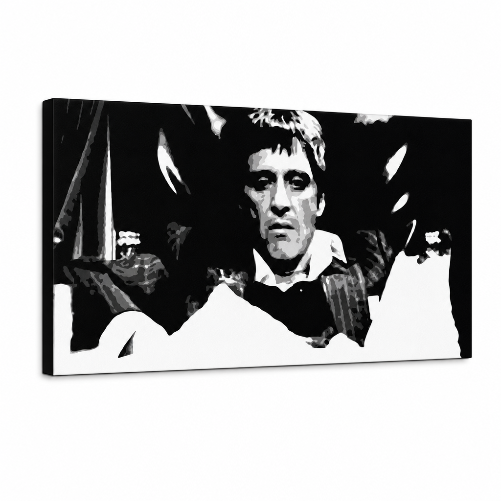 Ръчно рисувана картина POP Art Scarface 1 част smk – 3D визуализация на ръчно рисувано платно на бял фон. Доминиращи цветове: черно, бяло, сиво.
