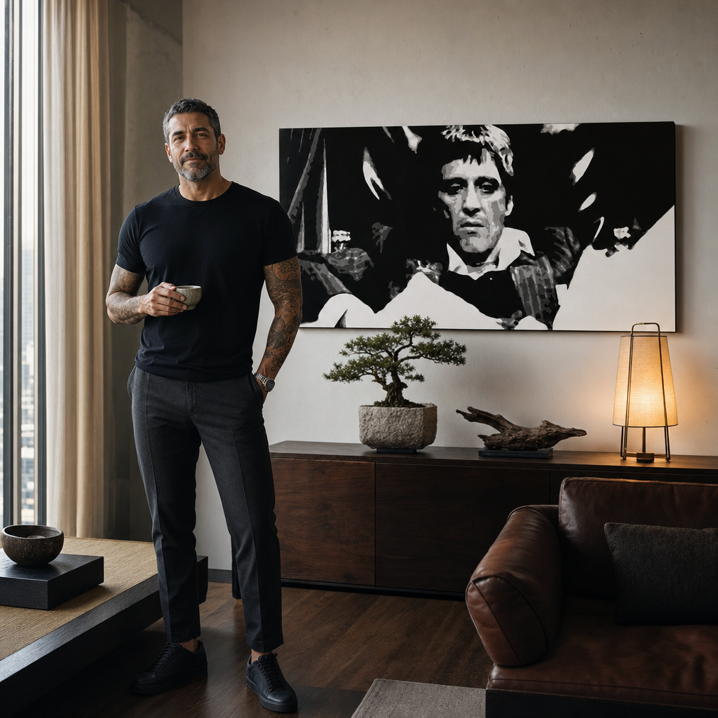 Ръчно рисувана картина POP Art Scarface 1 част smk – картина в модерен мъжки интериор, lifestyle визуализация. Доминиращи цветове: черно, бяло, сиво.