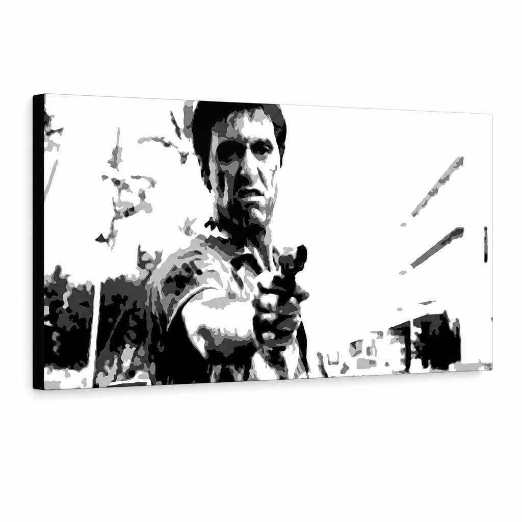 Ръчно рисувана картина POP Art Scarface 1 част smp – 3D визуализация на ръчно рисувано платно на бял фон. Доминиращи цветове: черно, бяло, сиво.