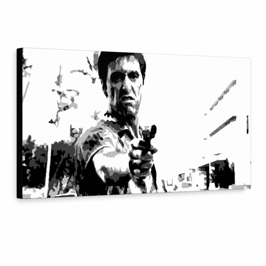 Ръчно рисувана картина POP Art Scarface 1 част smp – 3D визуализация на ръчно рисувано платно на бял фон. Доминиращи цветове: черно, бяло, сиво.
