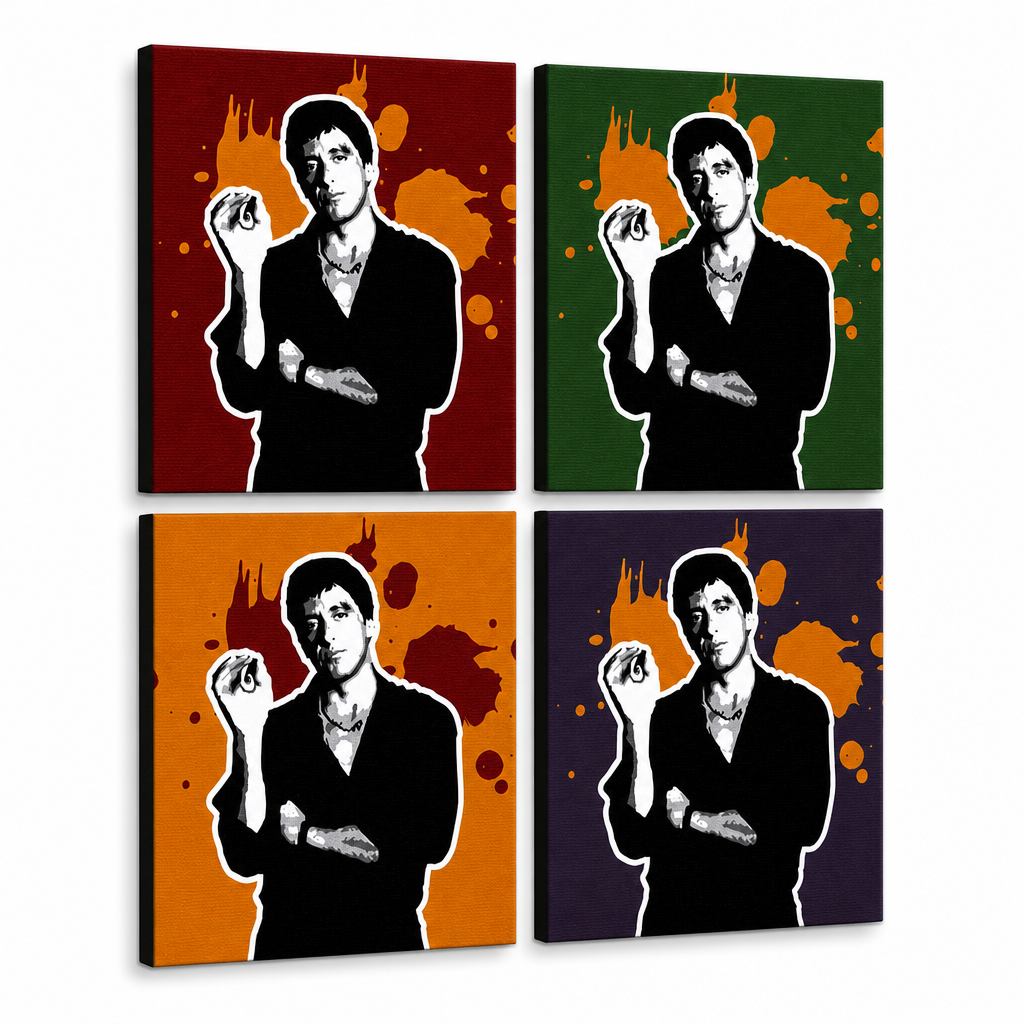 Ръчно рисувана картина POP Art Scarface - AL PACINO 4 броя al36 – 3D визуализация на ръчно рисувано платно на бял фон. Доминиращи цветове: черно, оранжево, червено, зелено, лилаво.