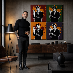 Ръчно рисувана картина POP Art Scarface - AL PACINO 4 броя al36 – картина в модерен мъжки интериор, lifestyle визуализация. Доминиращи цветове: черно, оранжево, червено, зелено, лилаво.