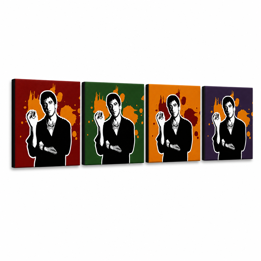 Ръчно рисувана картина POP Art Scarface - AL PACINO 4 парчета 200x50cm al37 – 3D визуализация на ръчно рисувано платно на бял фон. Доминиращи цветове: черно, оранжево, червено, зелено, лилаво.