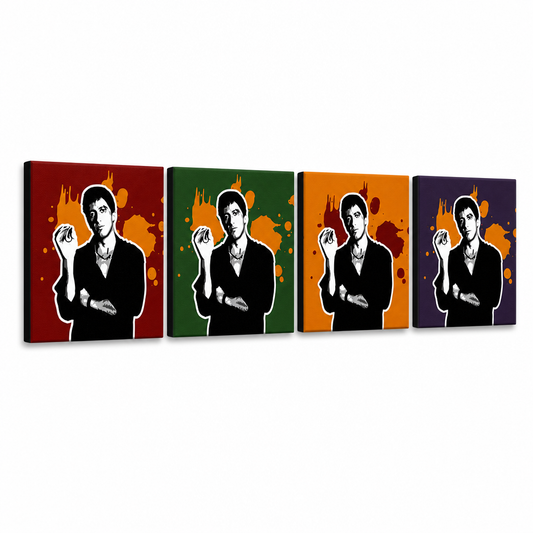 Ръчно рисувана картина POP Art Scarface - AL PACINO 4 парчета 200x50cm al37 – 3D визуализация на ръчно рисувано платно на бял фон. Доминиращи цветове: черно, оранжево, червено, зелено, лилаво.