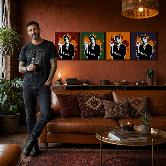 Ръчно рисувана картина POP Art Scarface - AL PACINO 4 парчета 200x50cm al37 – картина в модерен мъжки интериор, lifestyle визуализация. Доминиращи цветове: черно, оранжево, червено, зелено, лилаво.