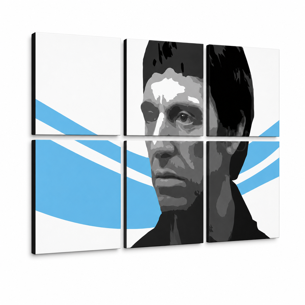 Ръчно рисувана картина POP Art Scarface - AL PACINO 6 броя al40 – 3D визуализация на ръчно рисувано платно на бял фон. Доминиращи цветове: черно, синьо, бяло.