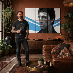 Ръчно рисувана картина POP Art Scarface - AL PACINO 6 броя al40 – картина в модерен мъжки интериор, lifestyle визуализация. Доминиращи цветове: черно, синьо, бяло.