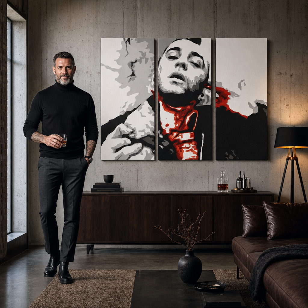 Ръчно рисувана картина POP Art Шофьор на такси 3 броя такси – картина в модерен мъжки интериор, lifestyle визуализация. Доминиращи цветове: черно, бяло, червено, сиво, оранжево.