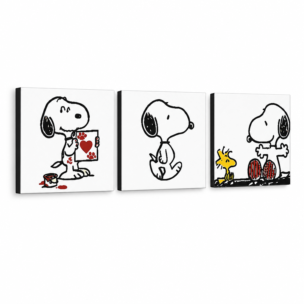 Ръчно рисувана картина POP Art SNOOPY 3 парчета Snoopy – 3D визуализация на ръчно рисувано платно на бял фон. Доминиращи цветове: черно, червено, жълто.