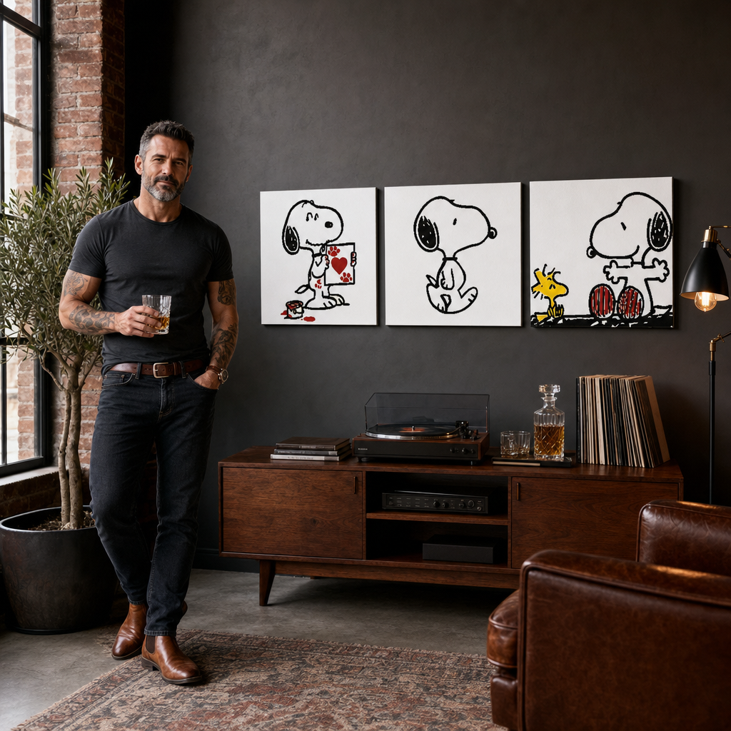 Ръчно рисувана картина POP Art SNOOPY 3 парчета Snoopy – картина в модерен мъжки интериор, lifestyle визуализация. Доминиращи цветове: черно, червено, жълто.