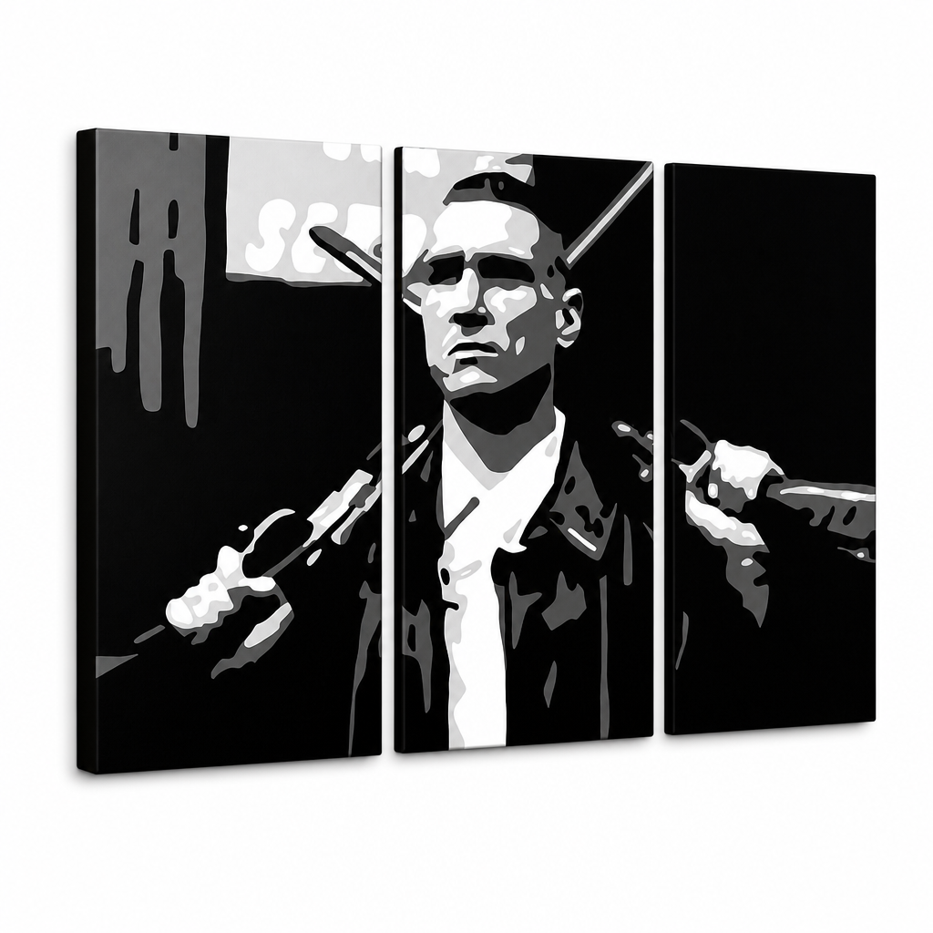 Ръчно рисувана картина POP Art Stock Lock 3 броя – 3D визуализация на ръчно рисувано платно на бял фон. Доминиращи цветове: черно, бяло, сиво.