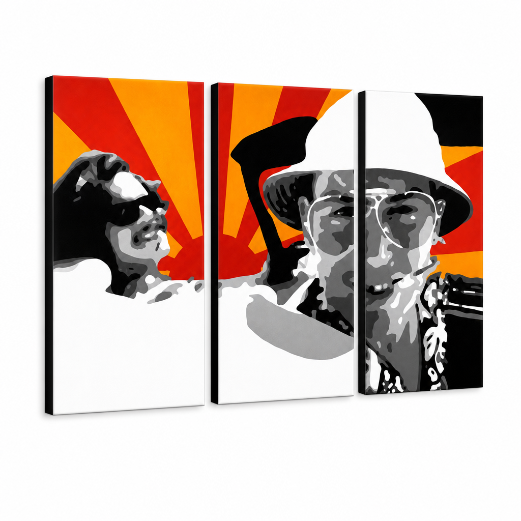 Ръчно рисувана картина POP Art Страх и омраза в Лас Вегас 3 броя лв2 – 3D визуализация на ръчно рисувано платно на бял фон. Доминиращи цветове: черно, червено, оранжево, бяло, сиво.