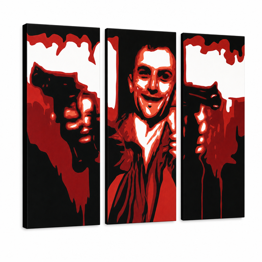 Ръчно рисувана картина POP Art Таксиметров шофьор 3 части taxi2 – 3D визуализация на ръчно рисувано платно на бял фон. Доминиращи цветове: черно, червено, бяло.