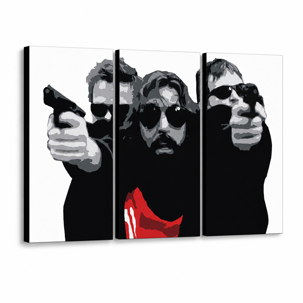 Ръчно рисувана картина POP Art The bondock saint 3 piece tbs – 3D визуализация на ръчно рисувано платно на бял фон. Доминиращи цветове: черно, бяло, червено.
