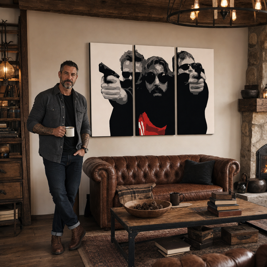 Ръчно рисувана картина POP Art The bondock saint 3 piece tbs – картина в модерен мъжки интериор, lifestyle визуализация. Доминиращи цветове: черно, бяло, червено.
