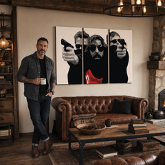 Ръчно рисувана картина POP Art The bondock saint 3 piece tbs – картина в модерен мъжки интериор, lifestyle визуализация. Доминиращи цветове: черно, бяло, червено.