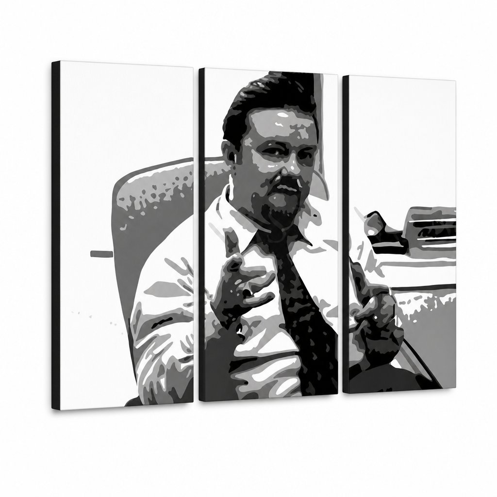 Ръчно рисувана картина POP Art The Office от 3 части това – 3D визуализация на ръчно рисувано платно на бял фон. Доминиращи цветове: черно, бяло, сиво.