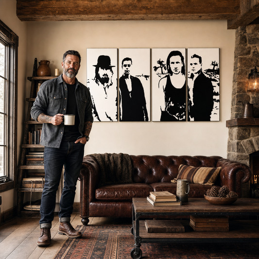Ръчно рисувана картина POP Art U2 в черно 4 броя U22 – картина в модерен мъжки интериор, lifestyle визуализация. Доминиращи цветове: черно, бяло.